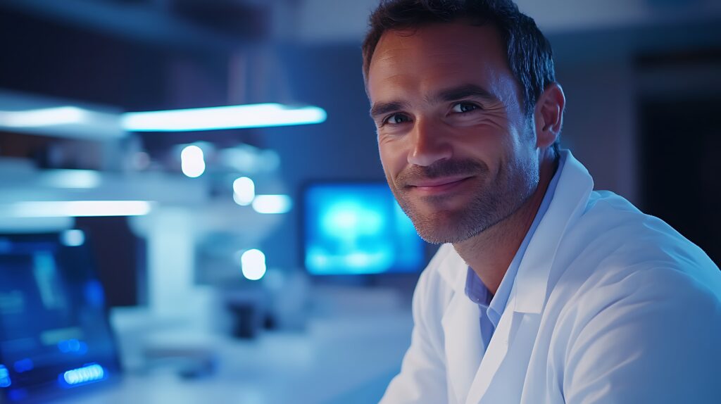 Man in a dental lab coat sitting in front of a AI computer.