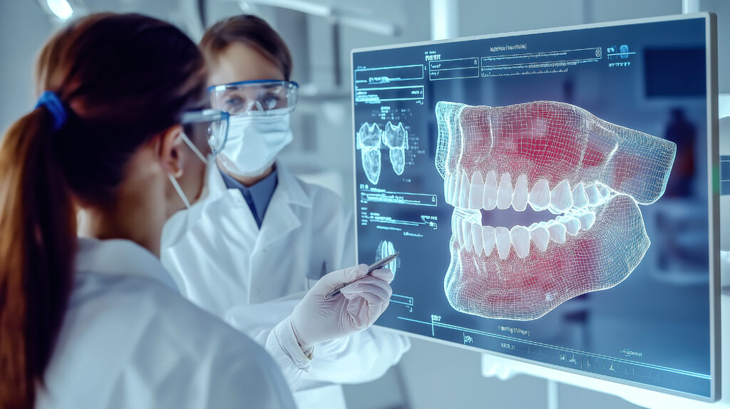 Dentist analyses a tooth Xray holographic film Generative AI
